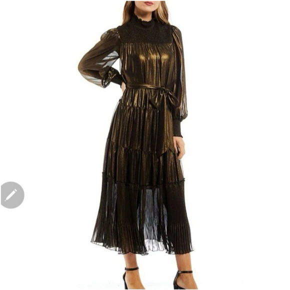 Alex Marie Gold Metallic High Neck Maxi Dress Size 10 Smocked Tiered Castlecore - Picture 1 of 16